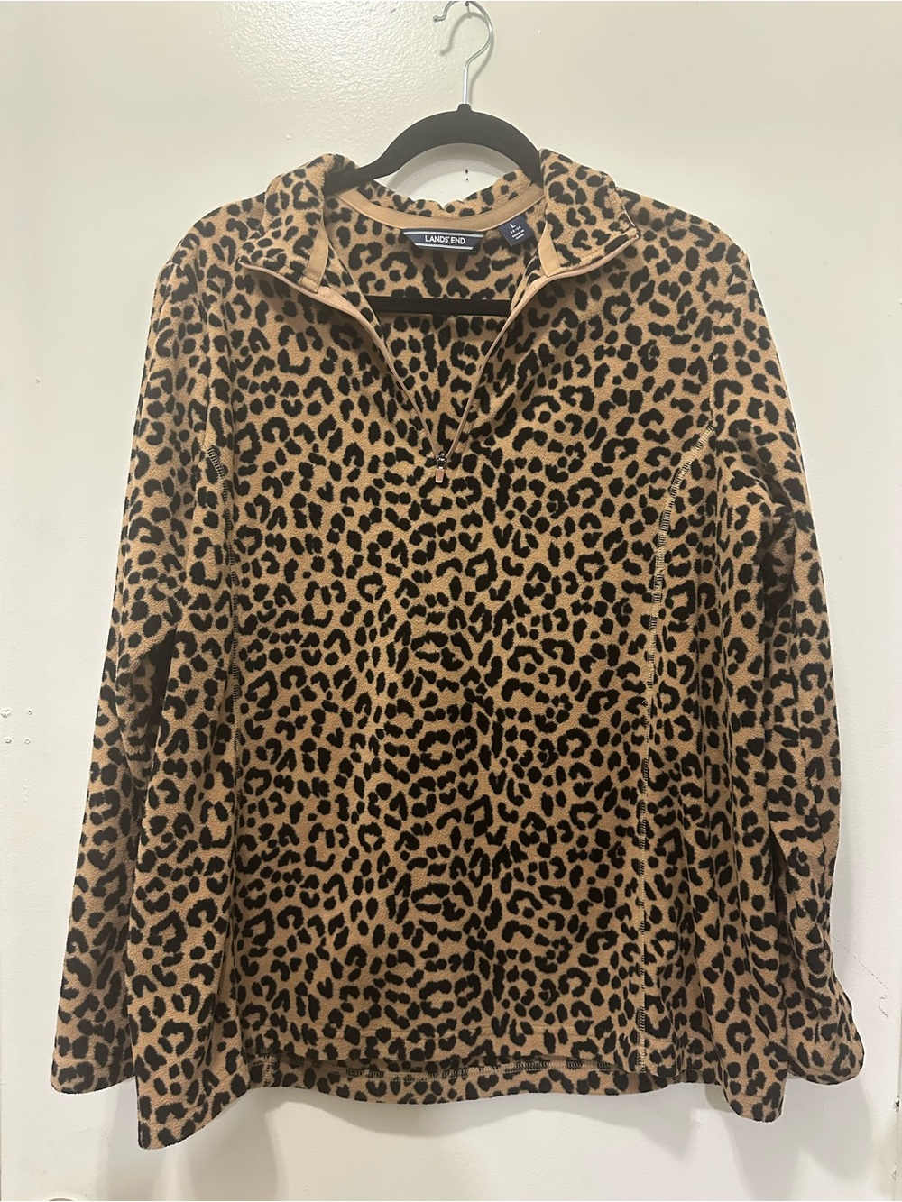 Lands' End Leopard-Print Quarter Zip Fleece - Tan & Black Sz L - Picture 3 of 7